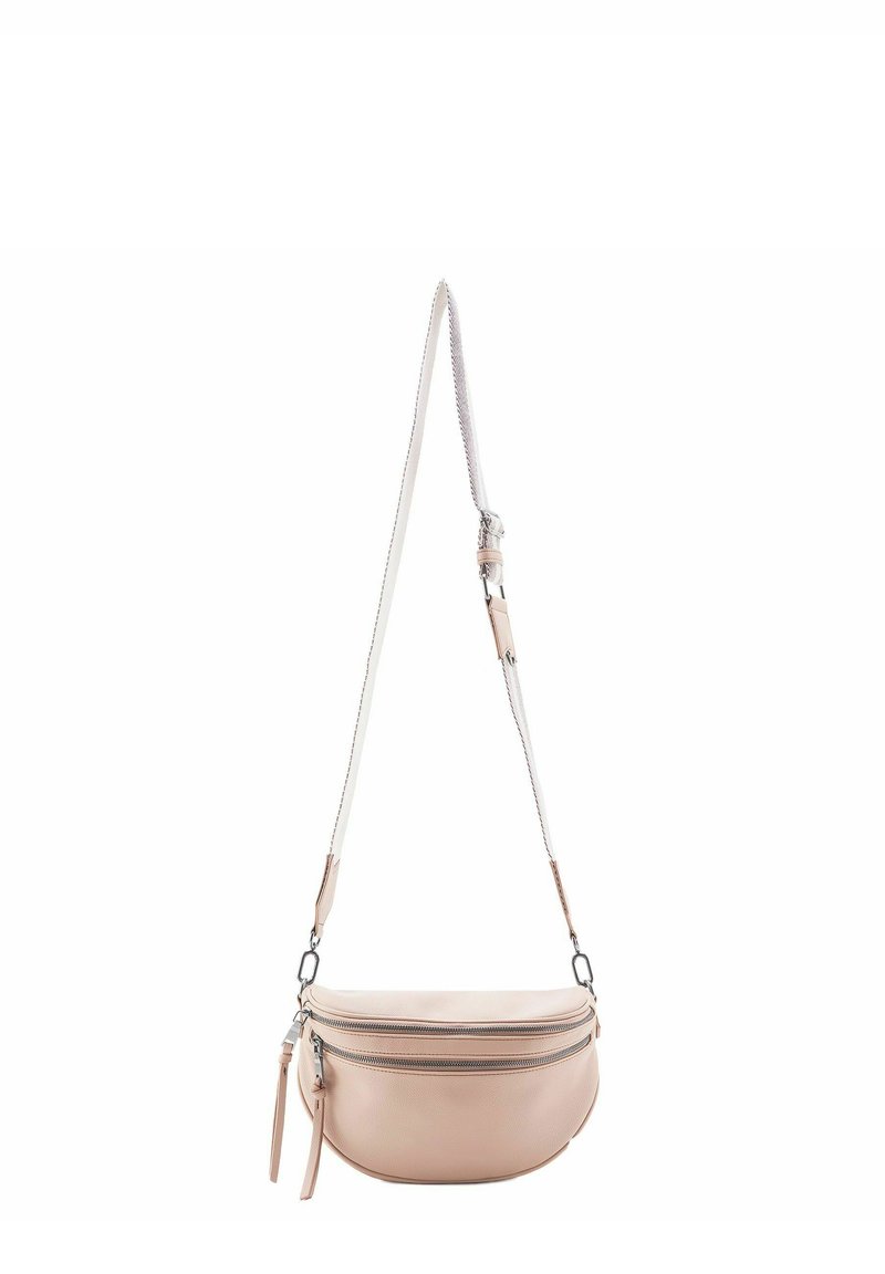Borsa a tracolla in pelle rosa con forma curva, due scomparti con zip, hardware argentato e tracolla staccabile con dettagli testurizzati.