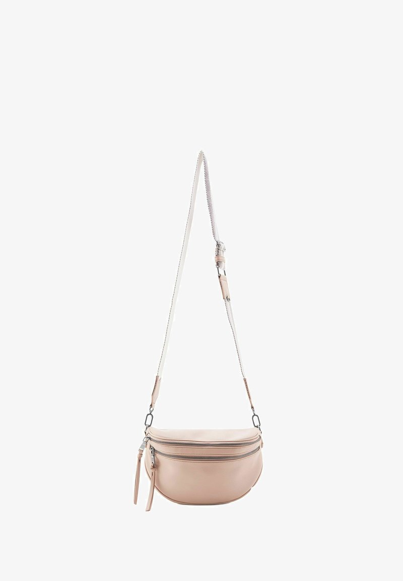 Borsa a tracolla in pelle rosa con forma curva, due scomparti con zip, hardware argentato e tracolla staccabile con dettagli testurizzati.