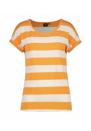 T-shirt med korte ærmer med brede vandrette orange og hvide striber og rund halsudskæring, vist på en ensfarvet baggrund.