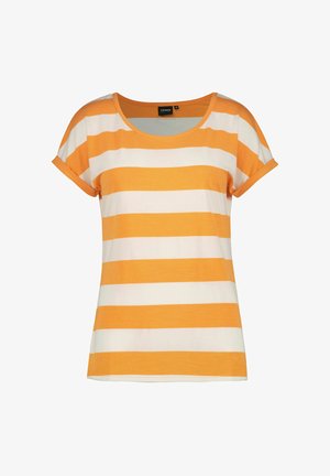 T-shirt à manches courtes avec de larges rayures horizontales orange et blanches et un col rond, présenté sur un fond uni.