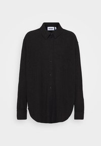 Chemise noire à boutons avec un col, des manches longues et un ourlet arrondi. Confectionnée dans un tissu doux avec une finition texturée.