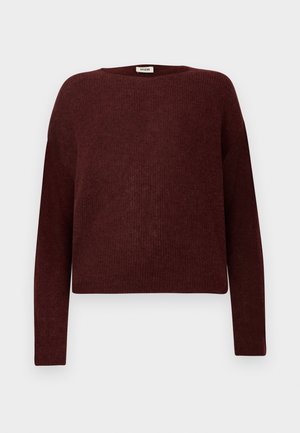 Dark red long-sleeve knit sweater with a crew neckline and ribbed texture, displayed against a plain white background.