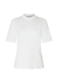 Weißes T-Shirt mit kurzen Ärmeln und hohem Hals, das eine dekorative Reihe kleiner, klarer Glitzersteine nahe dem Kragen aufweist.