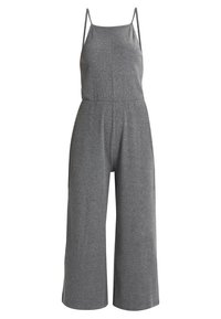 Mono gris hecho de tela texturizada, con tirantes finos, un corsé ajustado y piernas anchas, con un diseño minimalista y sin cierres visibles.