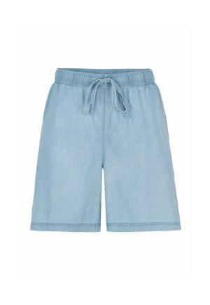 Lyseblå denimshorts med elastik i taljen og justerbar snøre, knælange og med en lige pasform.