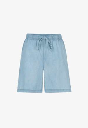 Vaaleansiniset farkkushortsit, joissa joustava vyötärö ja säädettävä nyöritys, polvipituus ja suora malli.