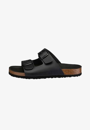 Black leather slide sandal with two adjustable buckles, cork midsole, and textured black rubber outsole. Features a smooth upper surface.