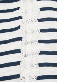 Tessuto a righe blu navy e bianche con un bordo centrale in pizzo bianco che presenta motivi floreali. Morbido al tatto, con un design leggero e informale.