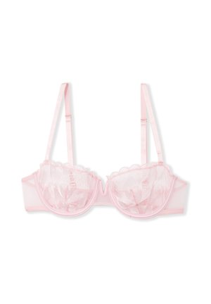Reggiseno rosa con ferretto, coppe in mesh trasparente, bordi smerlati e spalline regolabili in raso. Presenta un design leggero e delicato.
