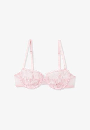 Reggiseno rosa con ferretto, coppe in mesh trasparente, bordi smerlati e spalline regolabili in raso. Presenta un design leggero e delicato.