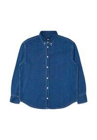 Camicia in denim blu con colletto a punta, maniche lunghe e bottoni bianchi. Presenta una vestibilità classica e una texture sottile.