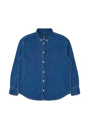 Blå denimskjorta med knapp-up och spetsig krage, lång ärm och vita knappar. Har en klassisk passform och subtil textur.