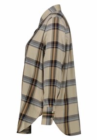 Camicia a quadri beige con maniche lunghe, caratterizzata da strisce marroni scure e grigie, colletto alla francese e polsini con bottone. Tessuto morbido con una vestibilità comoda.