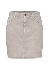 Jupe en denim gris clair avec une silhouette ajustée, une taille avec passants de ceinture, une fermeture à bouton à l'avant et deux poches latérales.