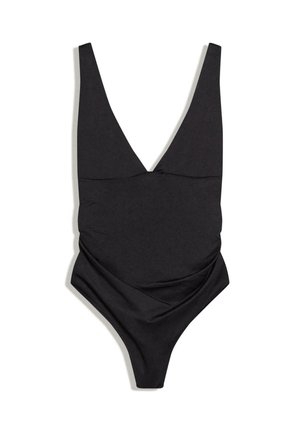 Maillot de bain une pièce noir avec un décolleté en V profond et des détails froncés à l'avant, conçu pour les femmes.