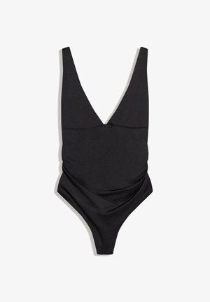 Costume intero nero con scollo a V profondo e dettagli arricciati sul davanti, progettato per donne.