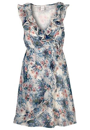 Abito a wrap floreale con scollatura arricciata, realizzato in un tessuto leggero e trasparente nelle tonalità di bianco, blu e rosa, caratterizzato da un design fluido.