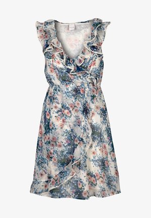 Blumenkleid mit Rüschenausschnitt, aus leichtem, transparentem Stoff in Weiß-, Blau- und Rosatönen, akzentuiert durch ein fließendes Design.