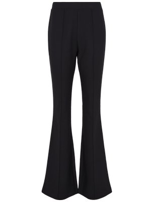 Μαύρο παντελόνι με ψηλή μέση, εφαρμοστή κορυφή και φαρδιά καμπάνα, με λεπτομέρειες ραφής μπροστά και λεία ζώνη στη μέση.