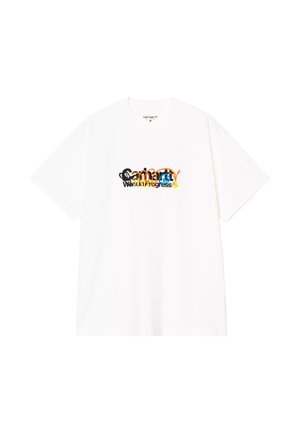 Camiseta blanca de manga corta con texto superpuesto multicolor "Carhartt Work in Progress" y una pequeña cara sonriente amarilla en el centro.
