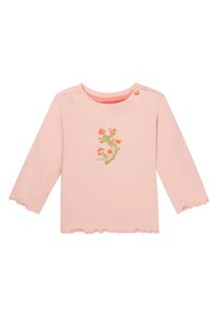 Roze lange mouwen T-shirt met een scalloped zoom en tonale bloemenprint. Voorzien van een knop op de schouder voor gemakkelijk aan- en uittrekken. Zachte katoenen stof.