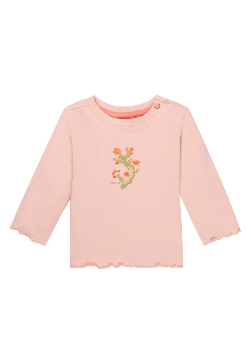 Roze lange mouwen T-shirt met een scalloped zoom en tonale bloemenprint. Voorzien van een knop op de schouder voor gemakkelijk aan- en uittrekken. Zachte katoenen stof.