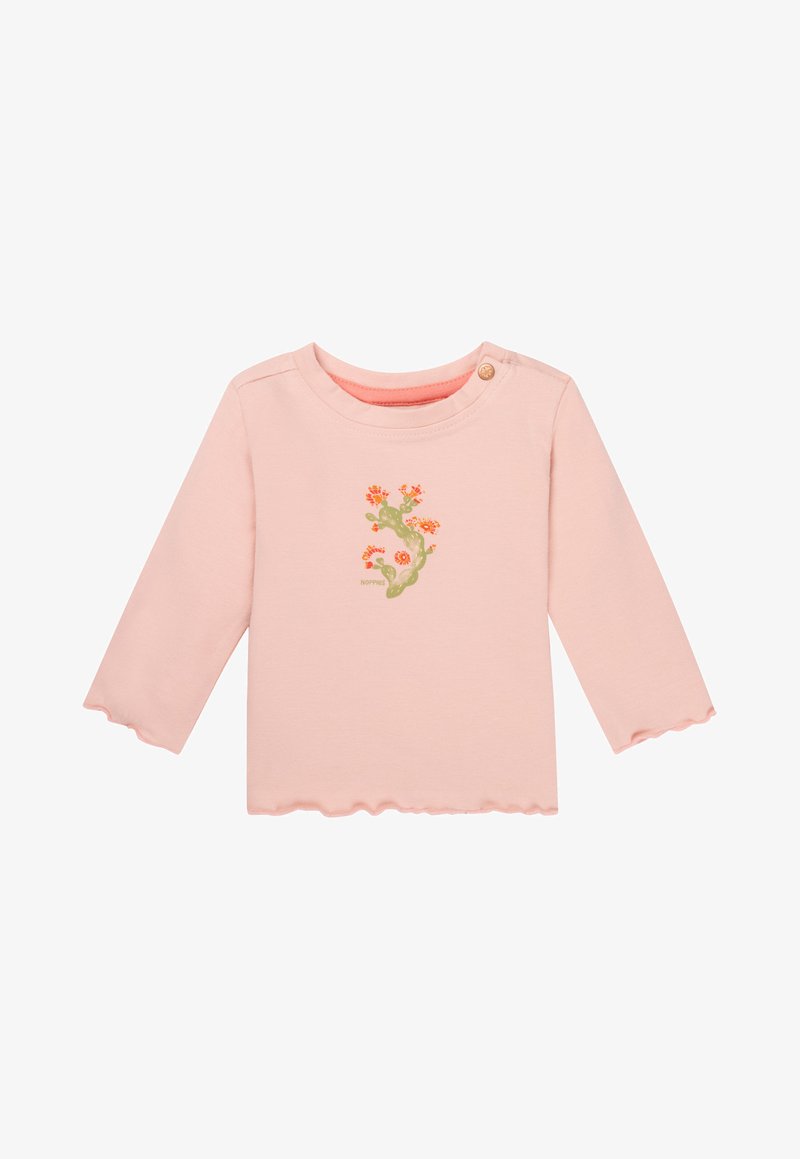 Rosa Langarm-T-Shirt mit gewelltem Saum und tonalem Blumenmuster. Verfügt über einen Knopf an der Schulter für ein einfaches Anziehen. Weiches Baumwollmaterial.