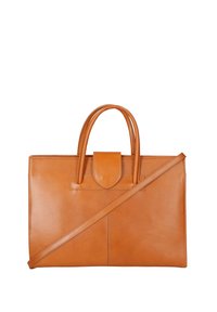 Sac à main en cuir tan avec doubles poignées, une bandoulière amovible et un design simple et structuré. Texture lisse et détails minimaux.