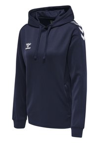 Felpa con cappuccio blu navy realizzata in tessuto morbido, con tasca frontale, cordini e dettagli a chevron bianchi sulle maniche.