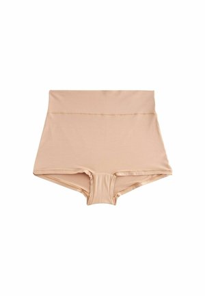 Beige hochgeschnittene Shorts aus weichem Material, mit glatter Textur und schlichtem Design, ohne sichtbare Muster oder Hardware.