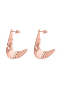 Orecchini in oro rosa con un design astratto e curvato, dotati di una finitura lucida. Ogni orecchino ha una chiusura a fissaggio.