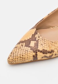Gros plan d'une chaussure à bout pointu avec un motif peau de serpent beige et marron et une doublure intérieure lisse couleur tabac.