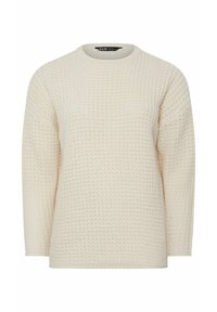 Pull en tricot couleur crème avec un motif texturé, col rond et manches longues. Coupe décontractée avec des poignets et un ourlet côtelés.