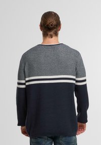 Marineblauer und grauer Strickpullover mit einem strukturierten Muster, der horizontale weiße Streifen über den oberen Rücken und einen runden Halsausschnitt aufweist.