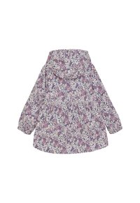 Blommönstrad jacka med huva, i lila, rosa och vit färgschema. Lättviktig tyg, gatherad midja och elastiska ärmslut.