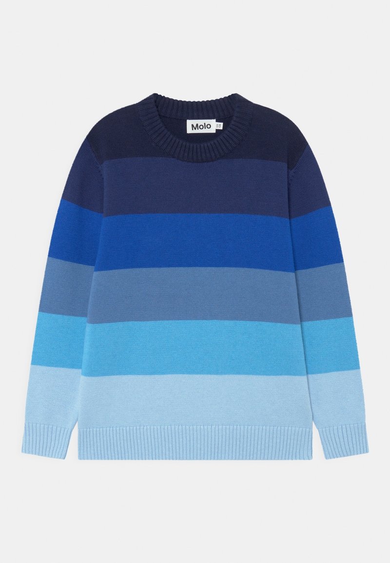 Pull en maille à manches longues avec des rayures horizontales dans cinq nuances de bleu, doté d'un col rond et de poignets et ourlet côtelés.