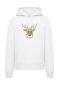 Hvid hættetrøje med en frontlomme, der har et tegneserie-renhjørning ansigt design, inklusive horn, en rød næse og store øjne.