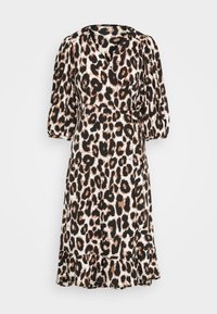 Leopardmønster omslagskjole med trekvart ballongsleeves, V-hals og volangkant. Laget av lett materiale i svart, beige og brunt.