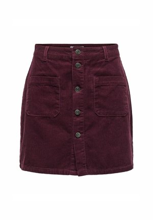 Burgundy corduroy skirt with vertical stripes, featuring a front button closure, two front pockets, and a straight silhouette.