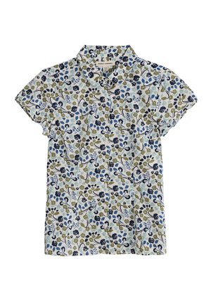 Camicia a maniche corte con bottoni, stampa floreale blu, verde e blu scuro su sfondo bianco sporco, con colletto classico.