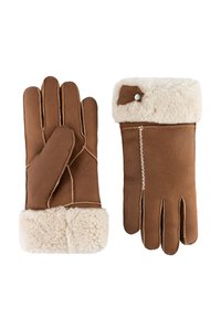Brown leather gloves with a soft, cream-colored shearling cuff. Features include contrasting stitching and a decorative button accent.
