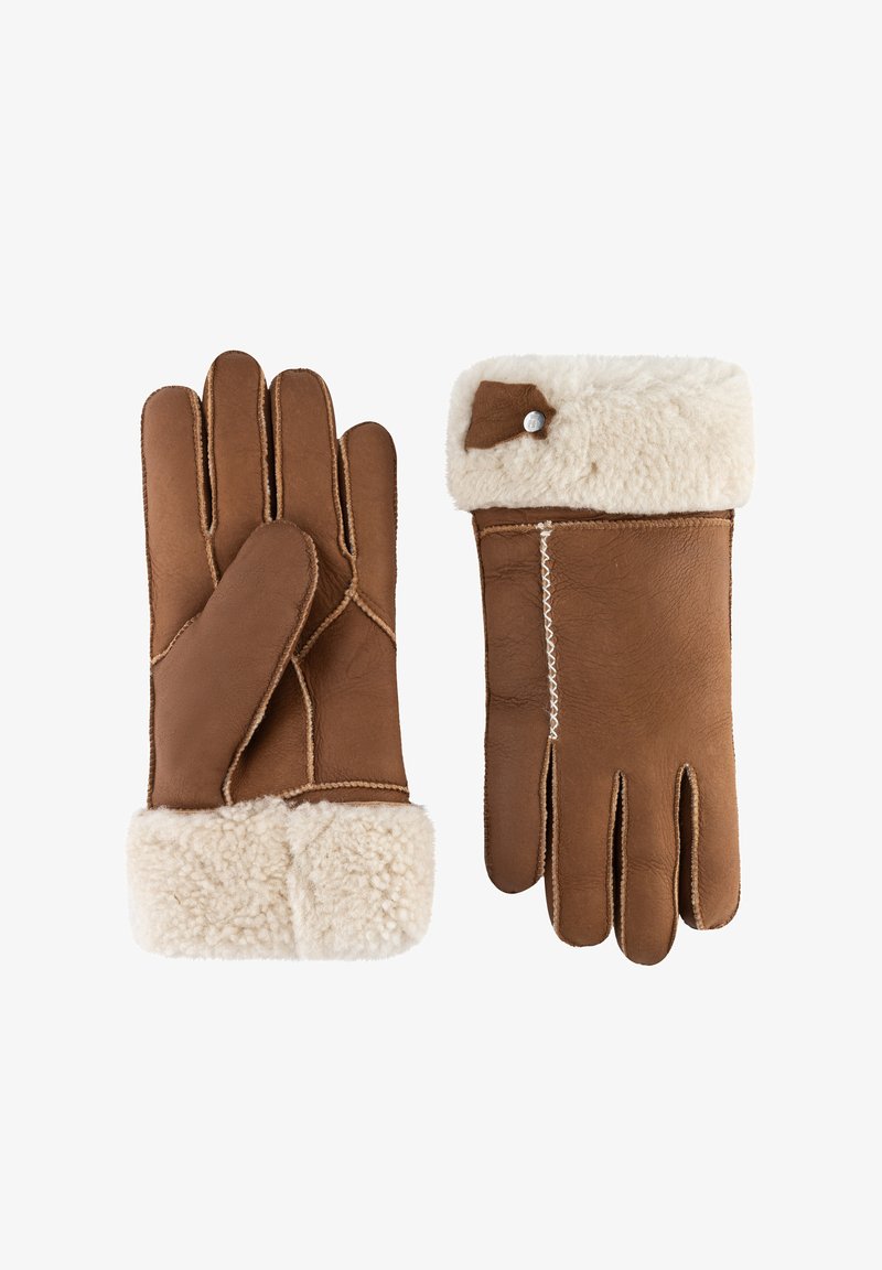 Brown leather gloves with a soft, cream-colored shearling cuff. Features include contrasting stitching and a decorative button accent.