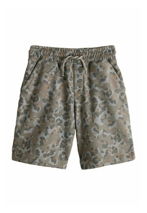 Shorts à motif camouflage avec taille élastique et cordon de serrage, dotés de poches latérales, présentés sur un fond blanc.