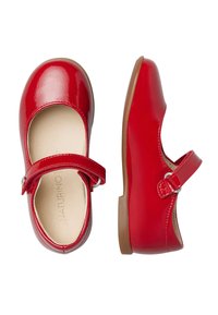Chaussures Mary Jane en cuir verni rouge pour tout-petits avec bande Velcro et intérieur beige, présentées en vues de dessus et de côté.