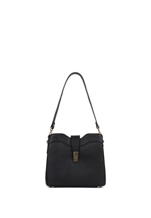 Sac à bandoulière en cuir noir avec bord supérieur incurvé, fermoir doré et une seule bandoulière réglable.