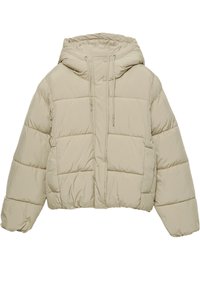 Giacca a vento corta in beige chiaro, con cappuccio, cordini, bottoni a scatto e design trapuntato con una texture morbida e liscia.