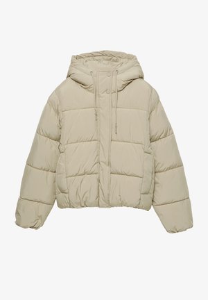 Cropped Daunenjacke in hellem Beige, mit Kapuze, Kordelzügen, Druckknöpfen und gestepptem Design mit einer weichen, glatten Textur.