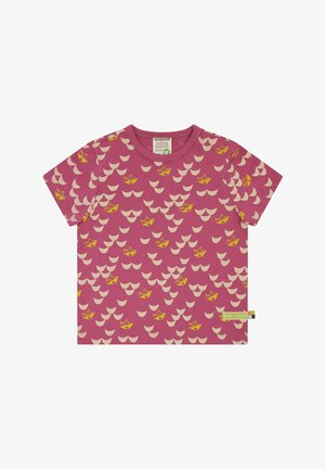 T-shirt in cotone rosa con motivo di barche di carta gialle e onde bianche. Maniche corte, scollatura rotonda e dettaglio con etichetta laterale.