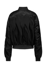 Black bomber jacket made of shiny material, featuring a ribbed collar and cuffs, cropped design, and elastic hem. Smooth texture with minimal detailing.