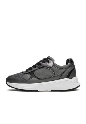 Gray leather sneaker with a textured upper, black accents, and a white rubber sole. Features flat black laces and a cushioned lining.